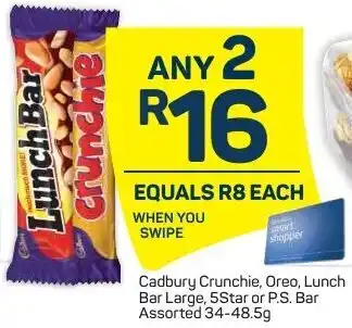 Pick n Pay Liquor Cadbury Crunchie, Oreo, Lunch Bar Large, 5Star or P.S. Bar Asstd 43-48.5g offer