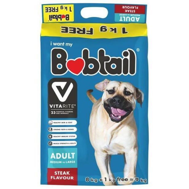 Bobtail medlrg dog food steak + 1kg free 8 kg offer at Game