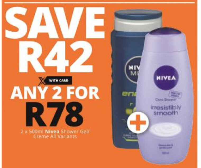Nivea Shower Gel/ Creme 2x500ml offer at Checkers