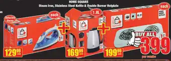 Boxer Home Square Steam Iron, Stainless Steel Kettle & Double Burner Hotplate 1.8L offer