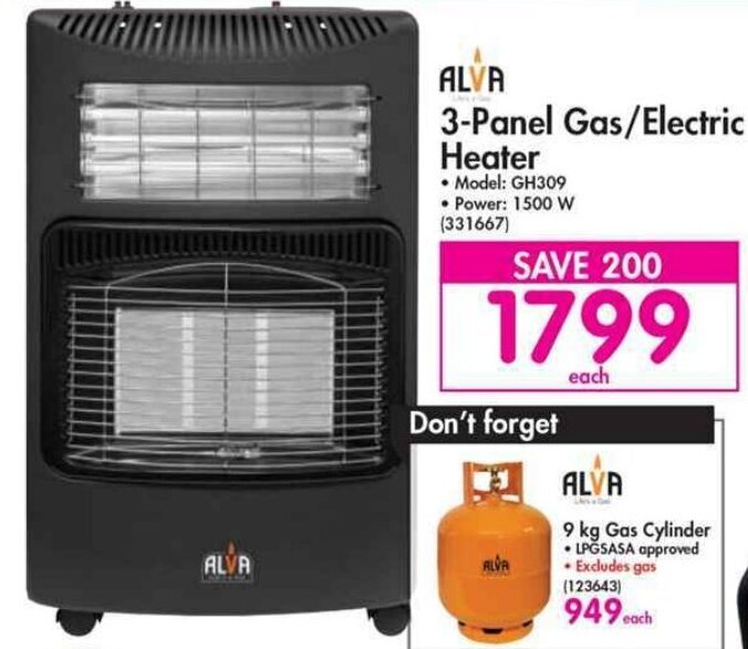 Alva 3-Panel Gas /Electric Heater 1500w offer at Makro