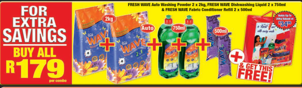 Fresh Wave Auto Washing Powder 2x2kg, Fresh Wave Dishwashing Liquid