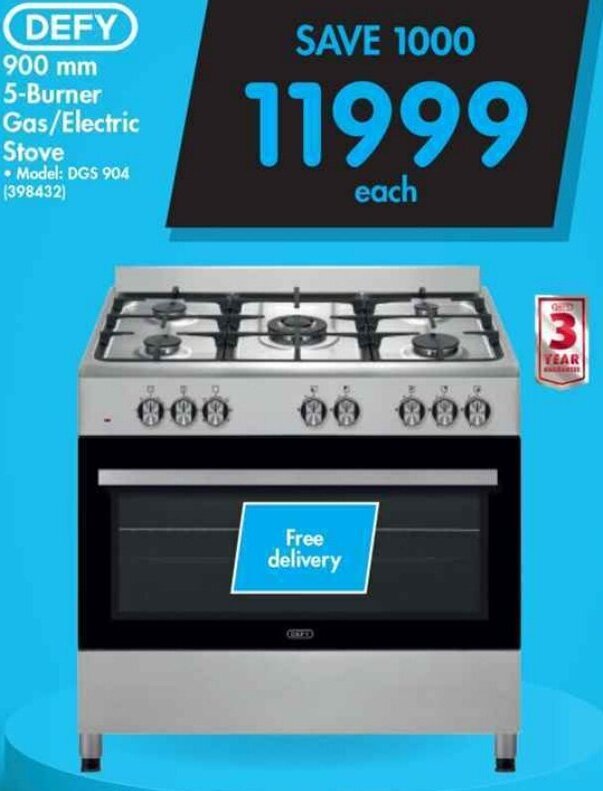 Defy 5Burner Gas /Electric Stove 900mm offer at Makro