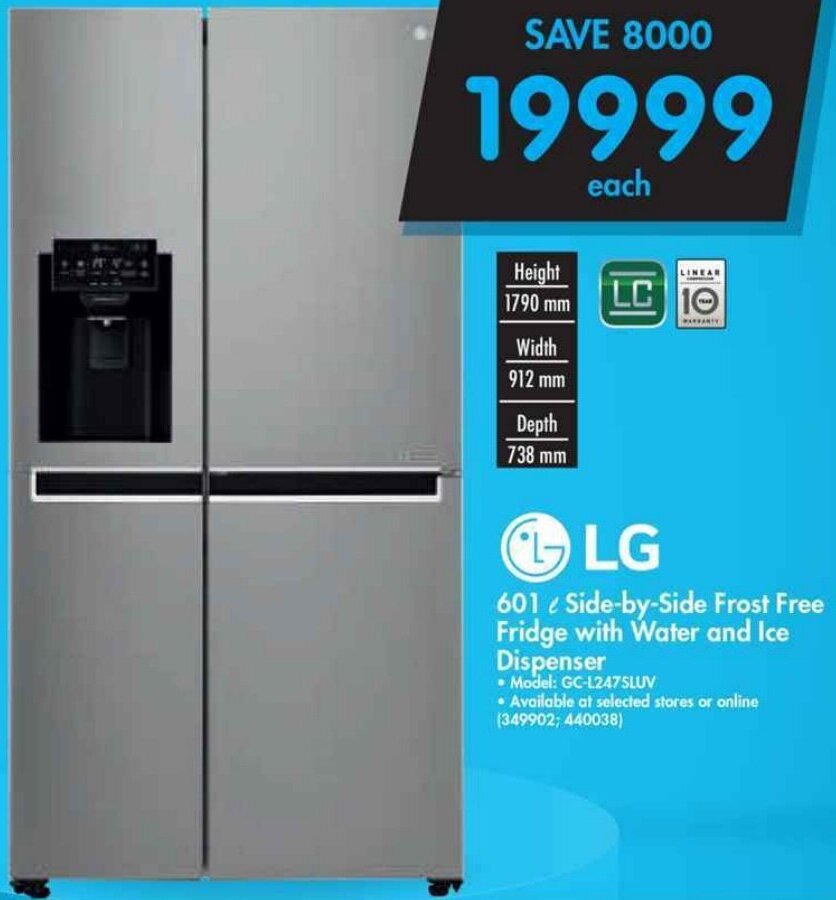 LG SidebySide Frost Free Fridge with Water and Ice Dispenser 601L