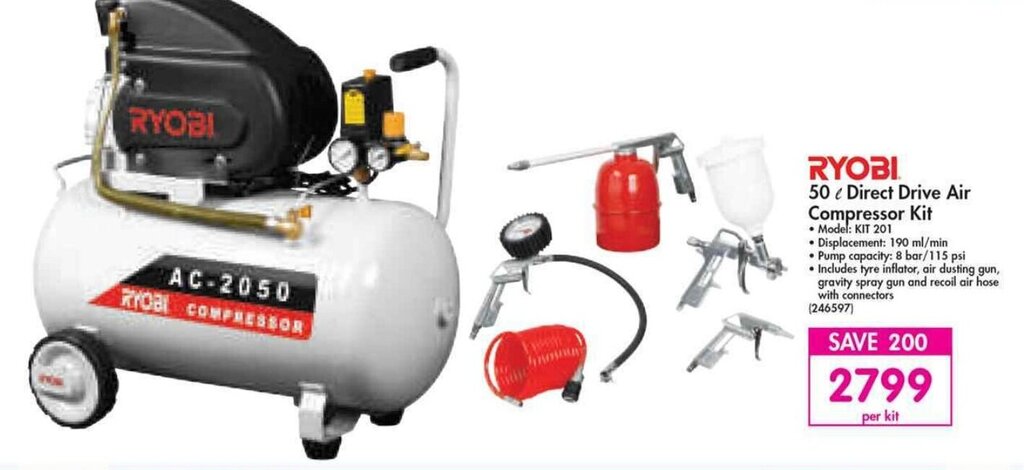 Makro Ryobi Direct Drive Air Compressor Kit 50L offer