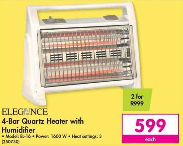 Elegance 4Bar Quartz Heater with Humidifier offer at Makro