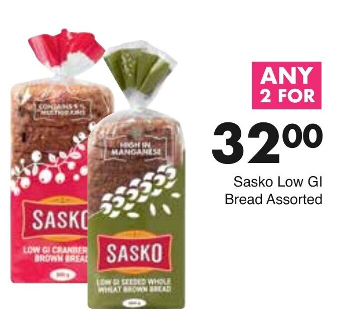 Sasko Low GI Bread Assorted 2's offer at Save Hyper