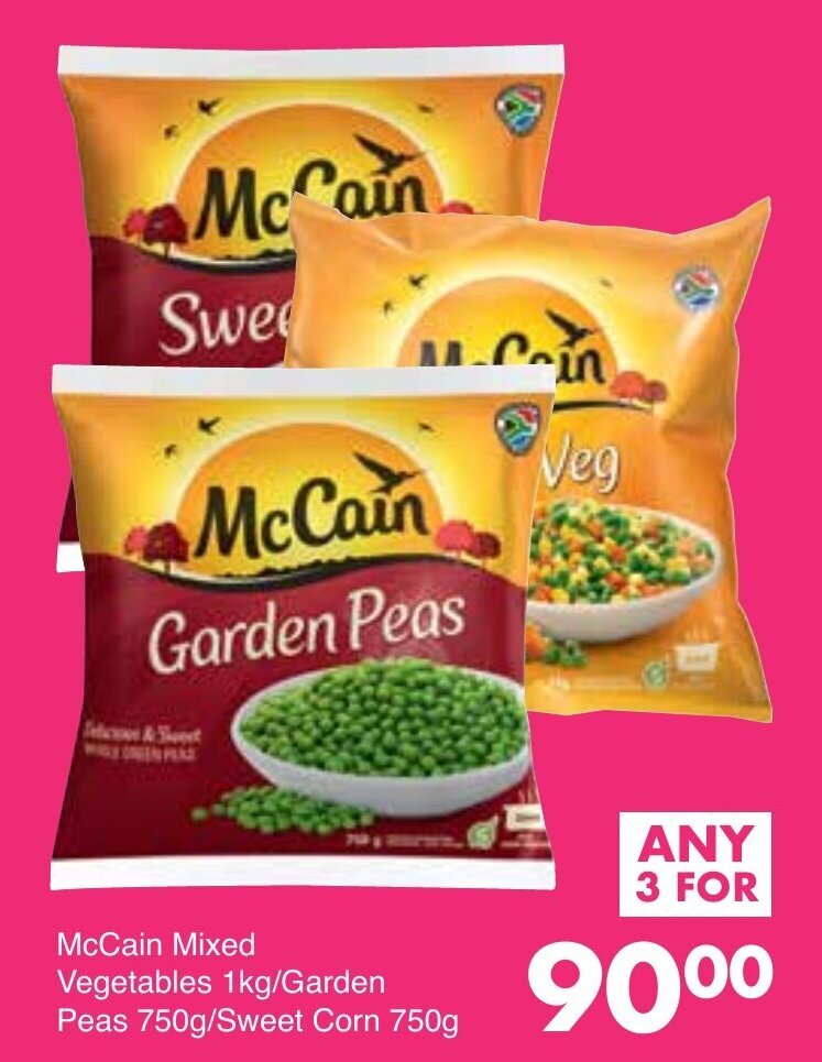McCain Mixed Vegetables 1kg/Garden Peas 750g/Sweet Corn 750g offer at