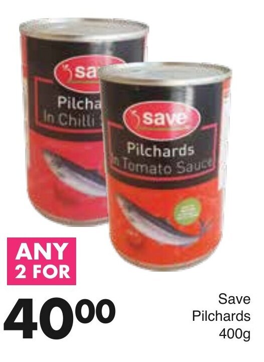 Save Pilchards in Tomato Sauce 2 x 400g offer at Save Hyper
