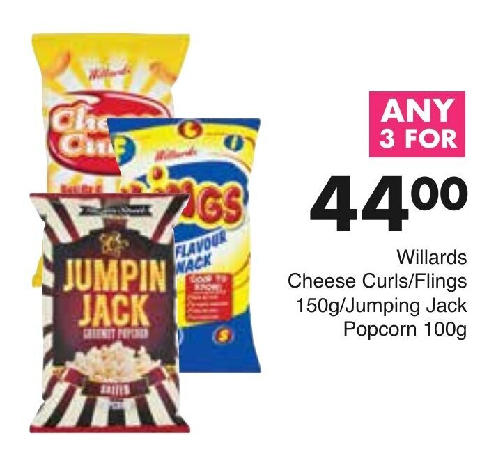 Willards Cheese Curls/Flings 150g/Jumping Jack Popcorn 100g offer at