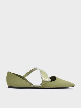 Asymmetric see-through strap mary jane flats - olive