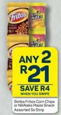 Pick n Pay Hypermarket Simba Fritos Corn Chips or Niknaks Maize Snack Assorted 2 x 5s strip offer