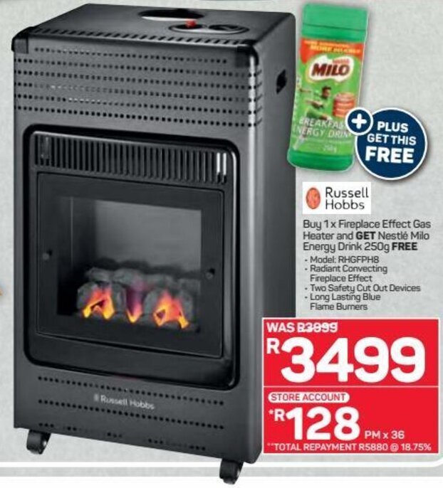 Russell Hobbs Fireplace Effect Gas Heater and Get Nestlé Milo Energy