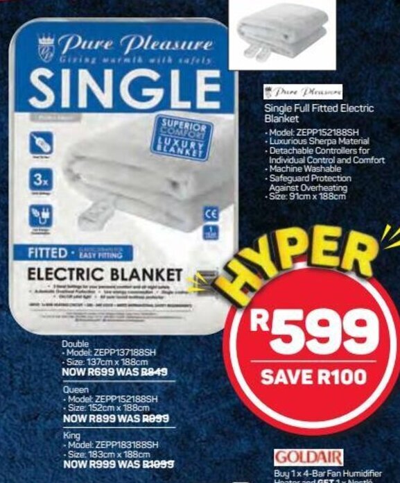 Pure Pleasure Single Full Fitted Electric Blanket offer at Pick n Pay