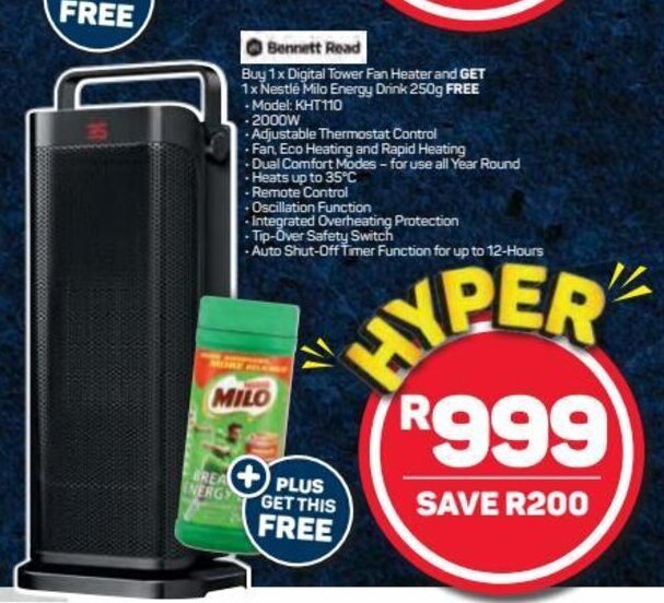 Read Digital Tower Fan Heater and Get Nestlé Energy Drink 250g