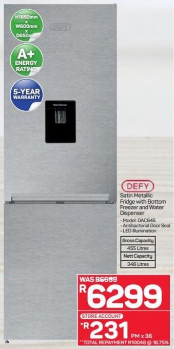 Pick n Pay Hypermarket Defy Satin Metallic Fridge with Bottom Freezer and Water Dispenser offer