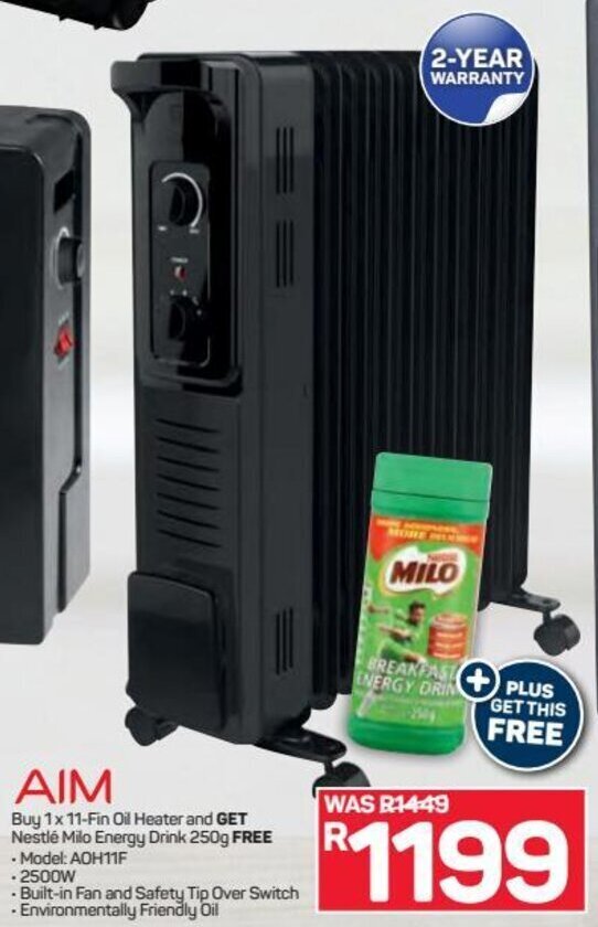 Aim 11Fin Oil Heater and Get Nestlé Milo Energy Drink 250g offer at