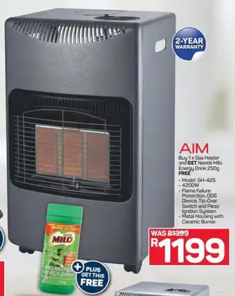 Pick n Pay Hypermarket Aim Gas Heater and Get Nestlé Milo Energy Drink 250g offer