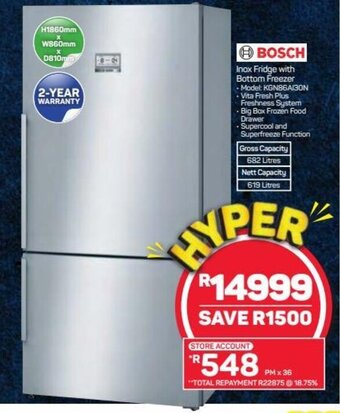 Pick n Pay Hypermarket Bosch Inox Fridge with Bottom Freezer offer