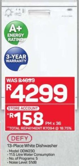 Pick n Pay Hypermarket Defy 13-Place White Dishwasher offer