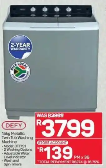 Pick n Pay Hypermarket Defy Metallic Twin Tub Washing Machine 15kg offer