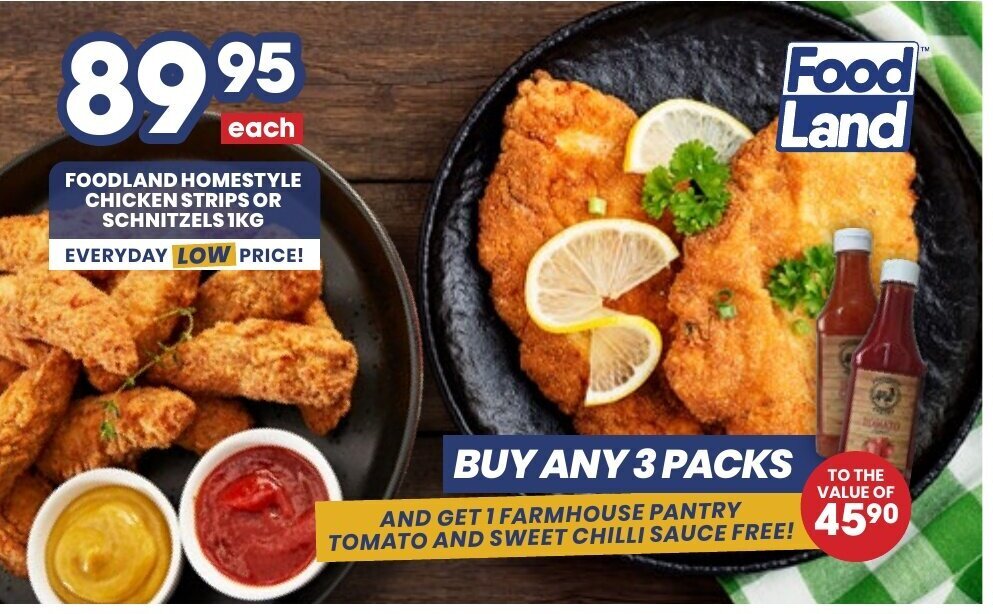 Foodland Homestyle Chicken Strips or Schnitzels 1 kg offer at Econo Foods