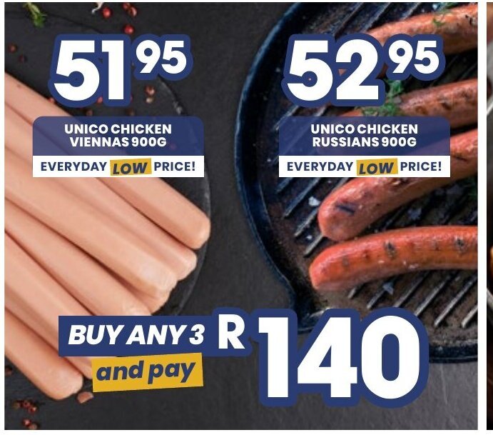 Unico Chicken Viennas 900g / Unico Chicken Russians 900g offer at Econo ...
