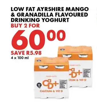 Woolworths Low Fat Ayshire Mango & Granadilla Flavoured Drinking Yoghurt 4 x 100ml offer