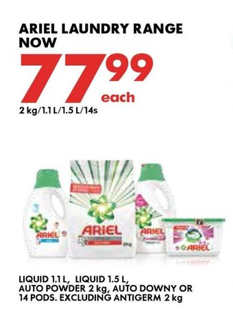 Woolworths Ariel Laundry Range 2kg / 1.1L / 1.5L / 14s offer