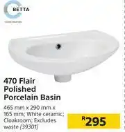 Builders Warehouse Betta 470 Flair Polished Porcelain Basin-465mm x 290mm x 165mm offer