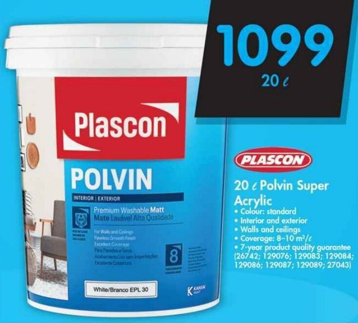 Plascon Polvin super Acrylic 20L offer at Makro