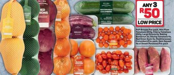 Pick n Pay PnP Brinjals Pre-Pack, Mini Plum Potatoes 250g, Cherry Tomatoes 250g, Large Onions 4s, Baking Butternut 2s, Slicing Tomatoes offer