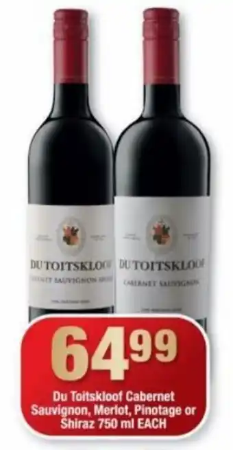 OK Liquor Du Toitskloof Cabernet Sauvignon, Merlot, Pinotage or Shiraz 750ml each offer