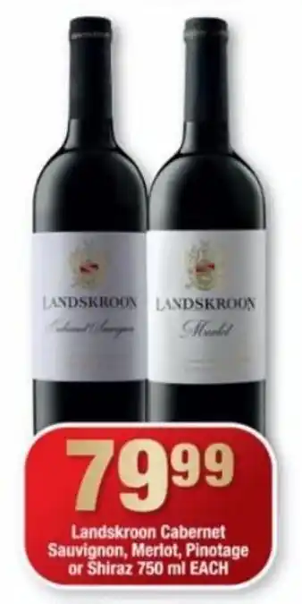 Landskroon Cabernet Sauvignon, Merlot, Pinotage or Shiraz 750 ml each