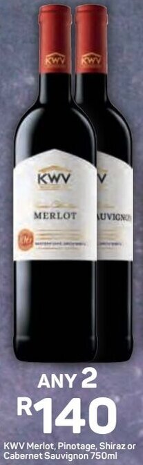 Pick n Pay KWV Merlot, Pinotage, Shiraz or Cabernet Sauvignon 750ml offer
