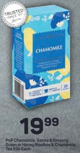 Pick n Pay PnP Chamomile, Senna & Ginseng Green or Honey Rooibos & Chamomile Tea 20s offer