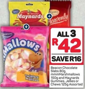 Beacon Chocolate Slabs 80g, mmmMarsmallows 150g, and Maynards Gummies, Jellies or Chews 125g Assorted