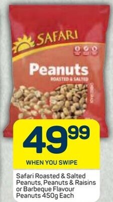Safari Roasted & Salted Peanuts, Peanuts & Raisins or Barbeque Flavour Peanuts 450g