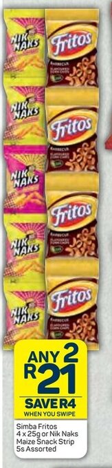 Pick n Pay Simba Fritos 4 x 25g or Nik Naks Maize Snack Strip 5s Assorted offer