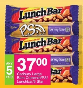Cadbury Large Bars Crunchie/PS/Lunchbar/ 5 Star