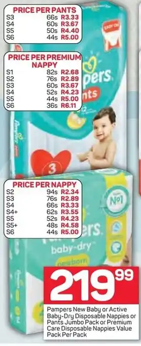 Pick n Pay Pampers New Baby or Active Baby-Dry Disposable Nappies or Pants Jumbo Pack or Premium Care Disposable Nappies Value Pack offer