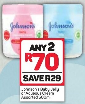 Pick n Pay Johnson's Baby Jelly or Aqueous Cream Assorted 500ml offer