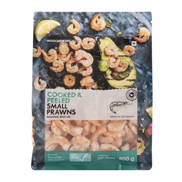 Frozen cooked & peeled small prawns 800 g offer at Woolworths