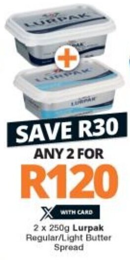 Checkers Lurpak Regular/Light Butter Spread 2 x 250g offer