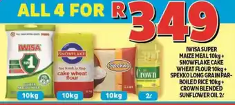 Usave Iwisa Super Maize Meal 10kg+Snowflake Cake Wheat Flour 10kg+Spekko Long Grain Parboiled Rice 10kg+Crownblended Sunflower 2L offer