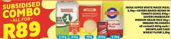 Usave Iwisa Super White Maize Meal 2,5kg+Savers Baked Beans In Tomato Sauce 410g+Savers Parboiled Medium Grain Rice 2kg offer