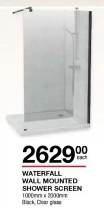 Build It Waterfall Wall Mounted Shower Screen 1000mm x 2000mm Black, Clear Glass offer