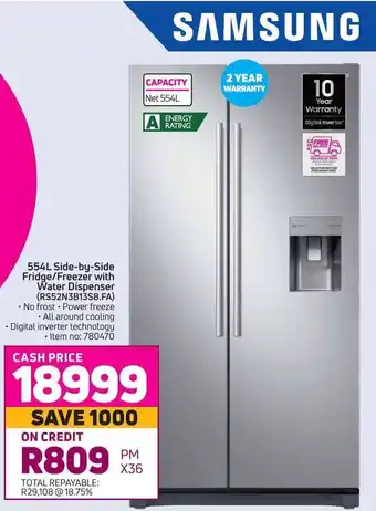 Game Samsung Side By Side Fridge/ Freezer With Water Dispenser 554L offer