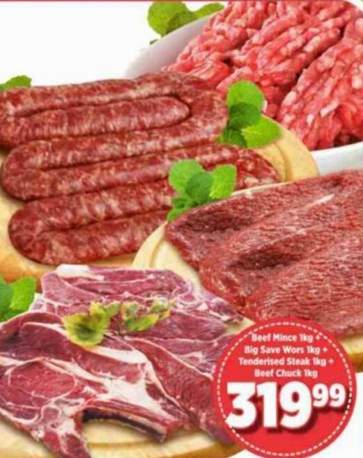 Beef Mince 1kg + Big Save Wors 1kg + Tenderised Steak 1kg + Beef Chuck 1kg offer at Big Save