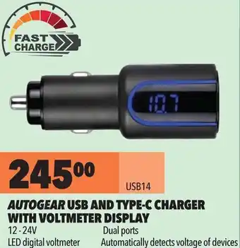 Autogear USB and Type-C Charger with Voltmeter Display